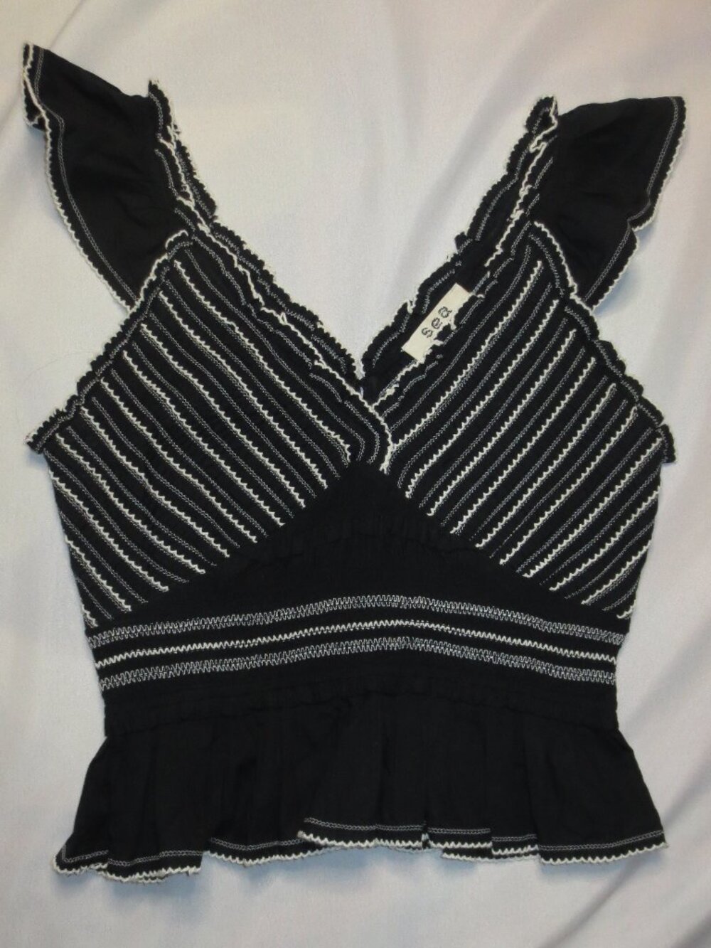 SEA womens TANK TOP black BOHO cream LIGHTWEIGHT ruffle SLEEVELESS shirt SIZE 10